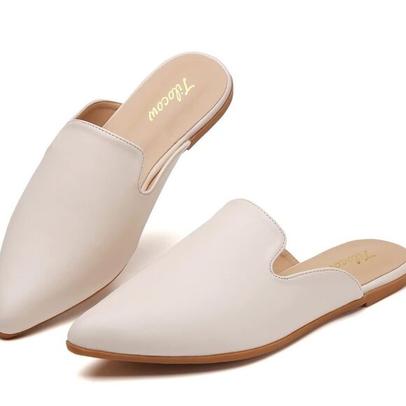 Tilocow Beige Pointed Toe Backless Mules Flats Slip On Slides Loaf - Picture 1 of 11